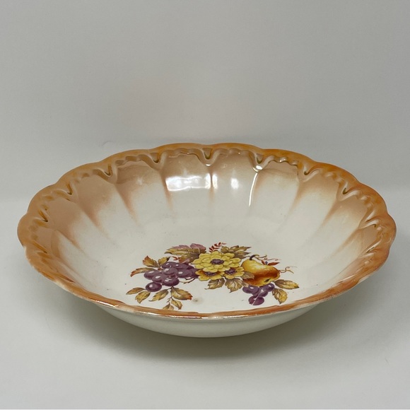 Vintage Homer Laughlin Round Serving Dish Bowl Orange Trim Iridescent White - Picture 6 of 13